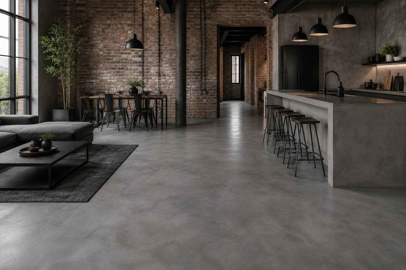 Otvoreni industrijski prostor kuhinje i blagovaonice u CEMHER mikrocement sustavu
